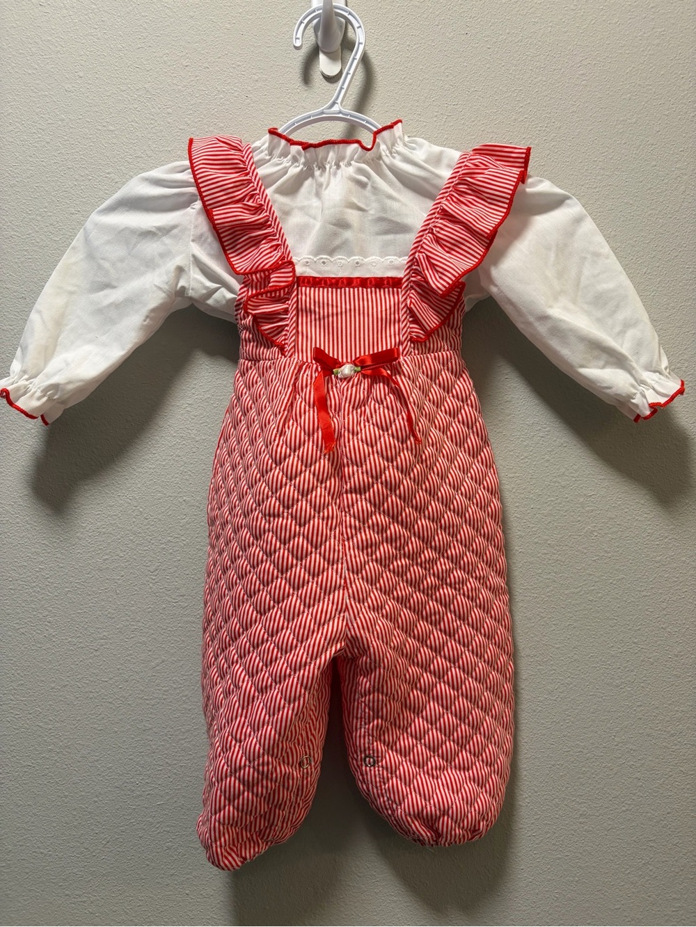 Vintage 80s Handstands Quilted Candy Stripe Ruffle Romper Set - 18 Months USA